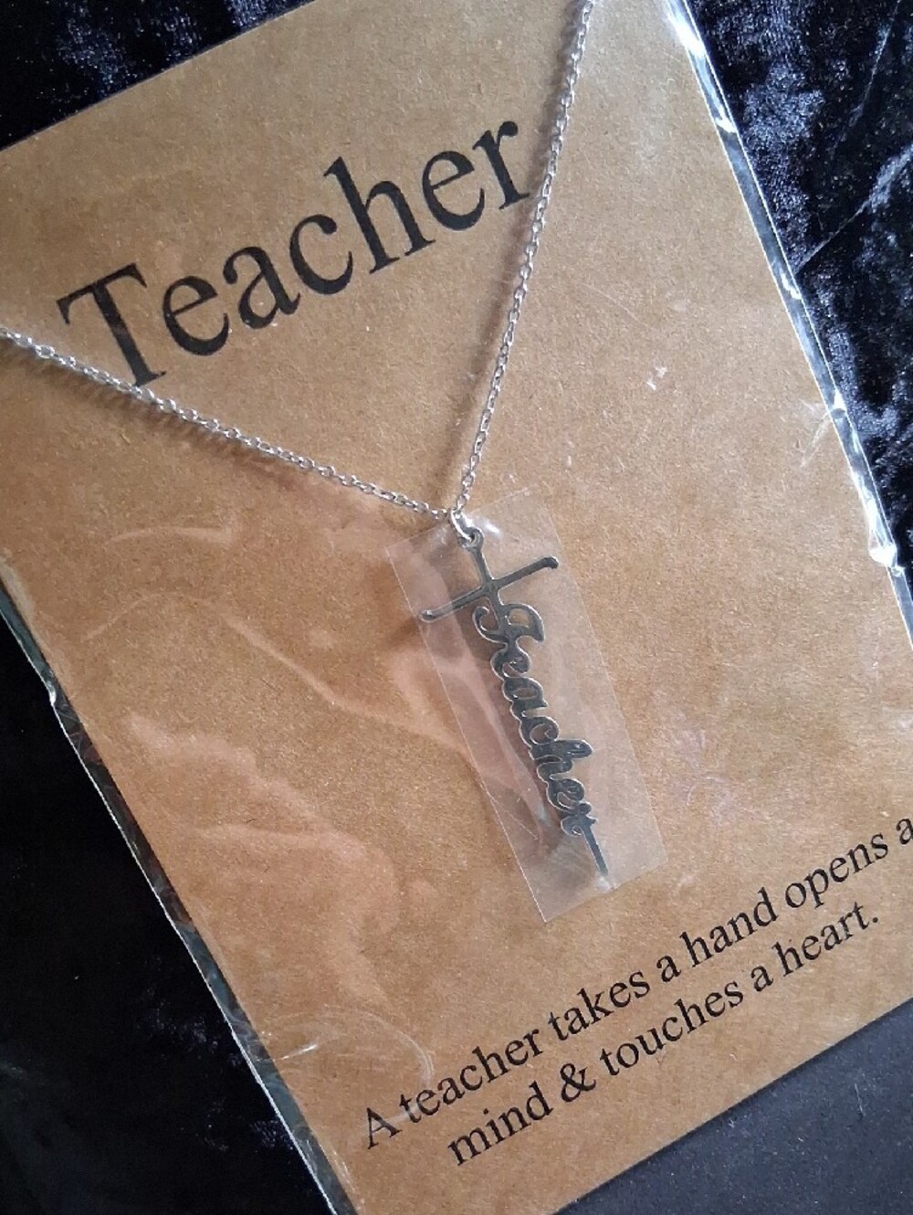Cherry LA Silver 'Teacher' Script Cross Pendant Necklace - Picture 4 of 6